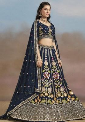 Navy Blue Embroidered Georgette Lehenga Set With Dupatta