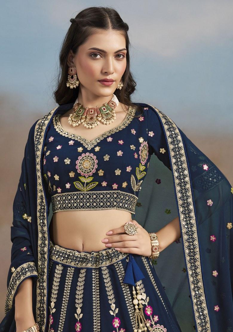 Navy Blue Embroidered Georgette Lehenga Set With Dupatta
