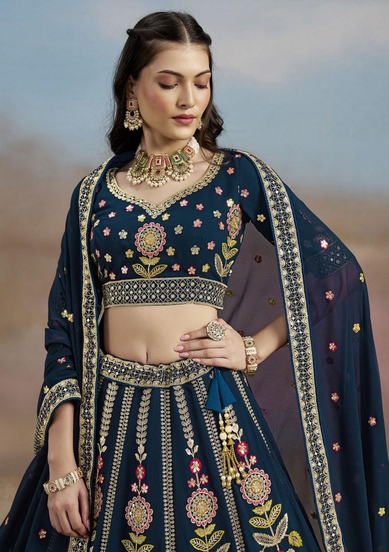 Navy Blue Embroidered Georgette Lehenga Set With Dupatta