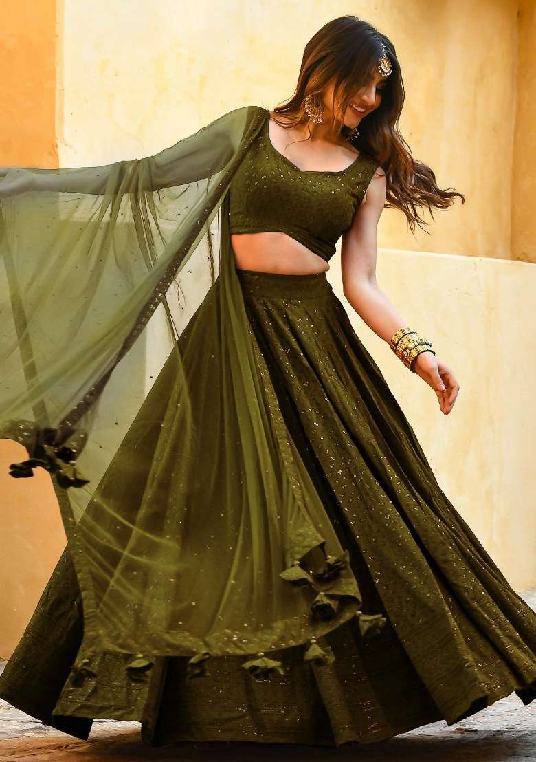 Green With Dupatta Georgette Lehenga Set with Embroidered for Diwali | Wedding & Festive Wear - Indya