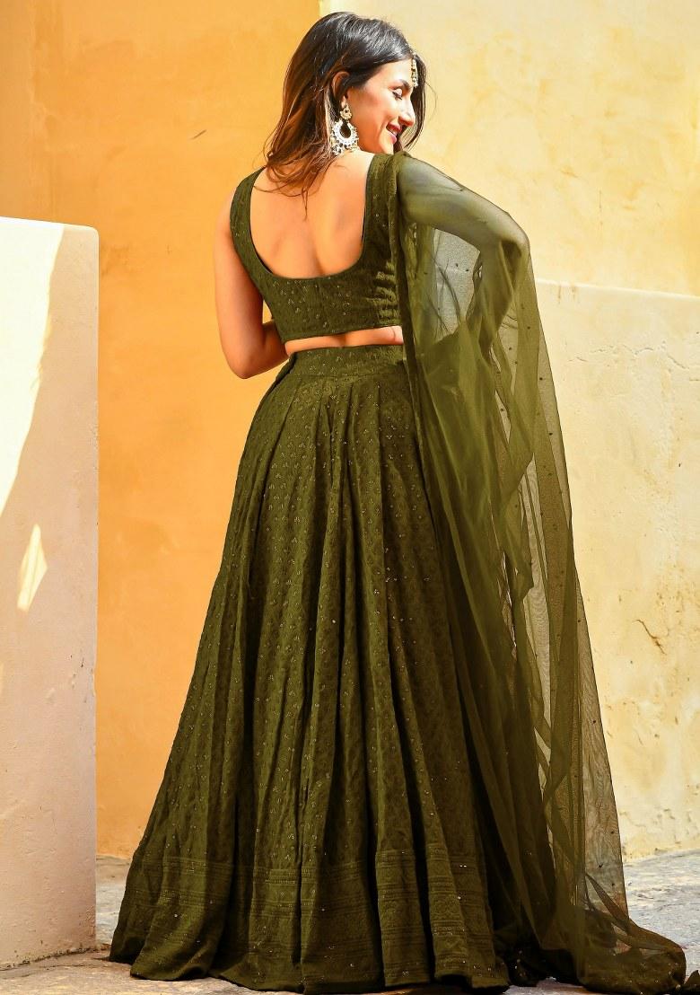Green Embroidered Georgette Lehenga Set With Dupatta