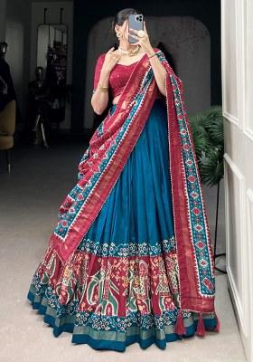 Blue Printed Silk Lehenga Set With Dupatta