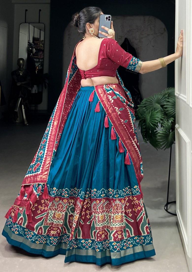 Blue Printed Silk Lehenga Set With Dupatta