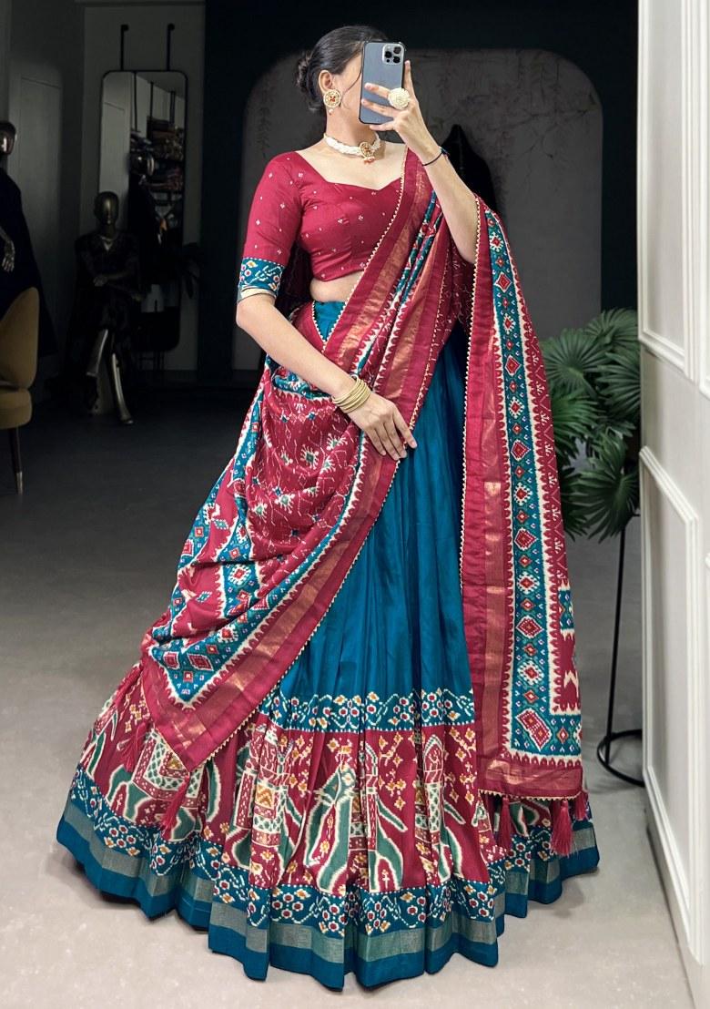 Blue Printed Silk Lehenga Set With Dupatta