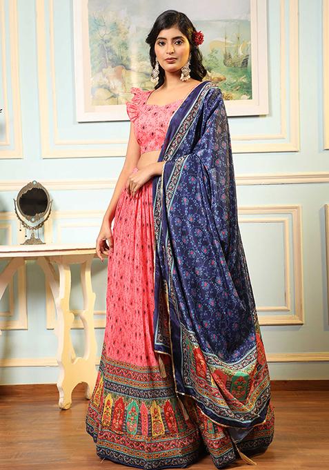 Pink Digital Print Satin Silk Lehenga Set