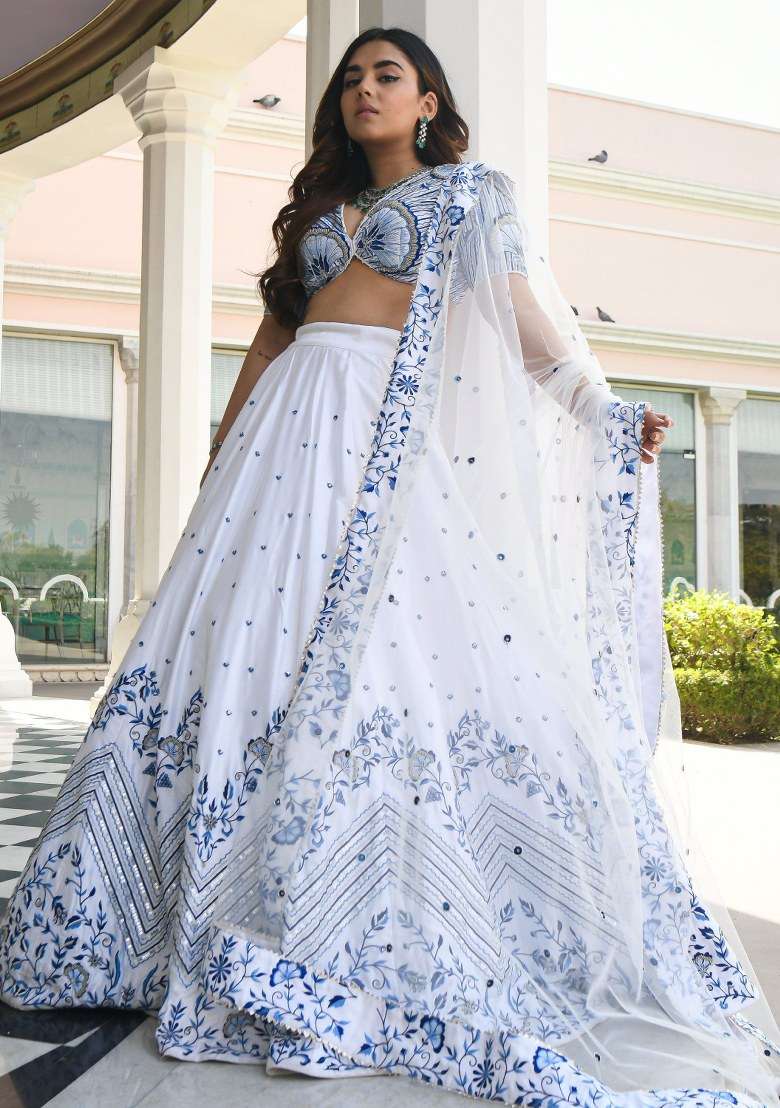 White With Dupatta Satin Lehenga Set with Embroidered for Diwali | Wedding & Festive Wear - Indya