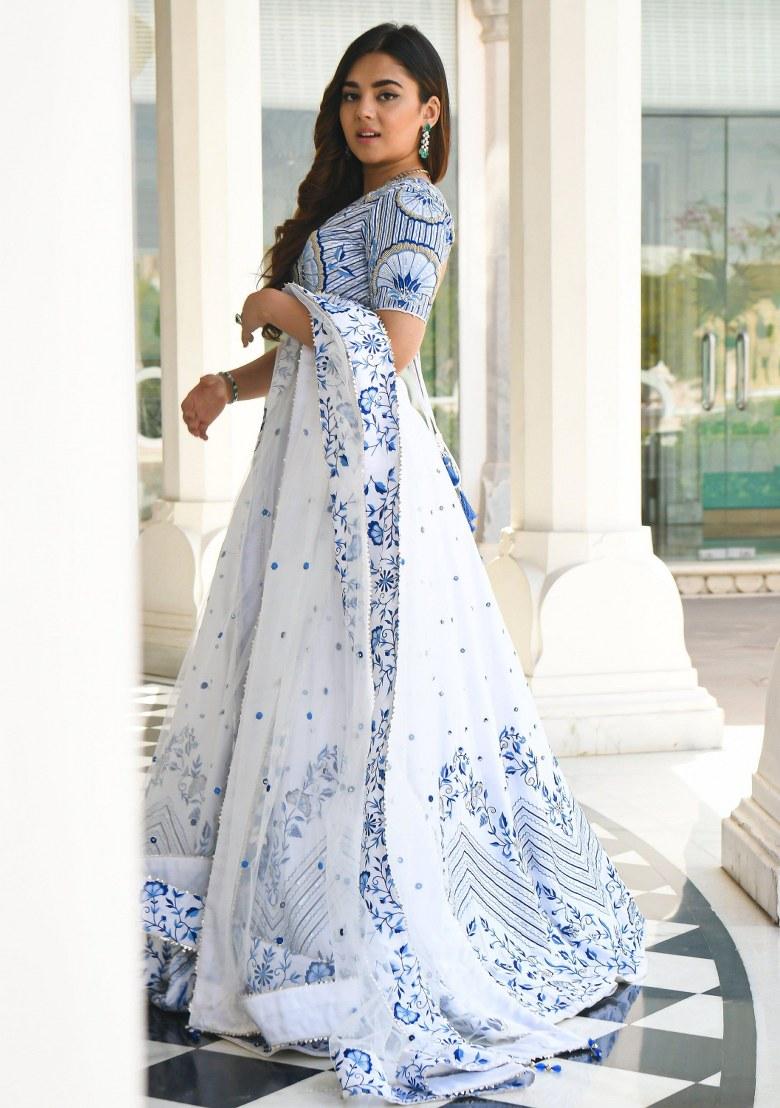 White Embroidered Satin Lehenga Set With Dupatta