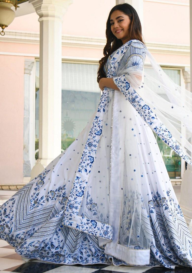 White Embroidered Satin Lehenga Set With Dupatta
