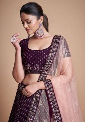 Wine Embroidered Georgette Lehenga Set With Dupatta