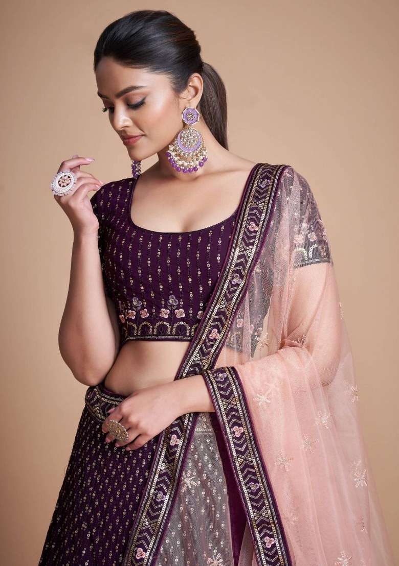 Wine With Dupatta Georgette Lehenga Set with Embroidered for Diwali | Wedding & Festive Wear - Indya