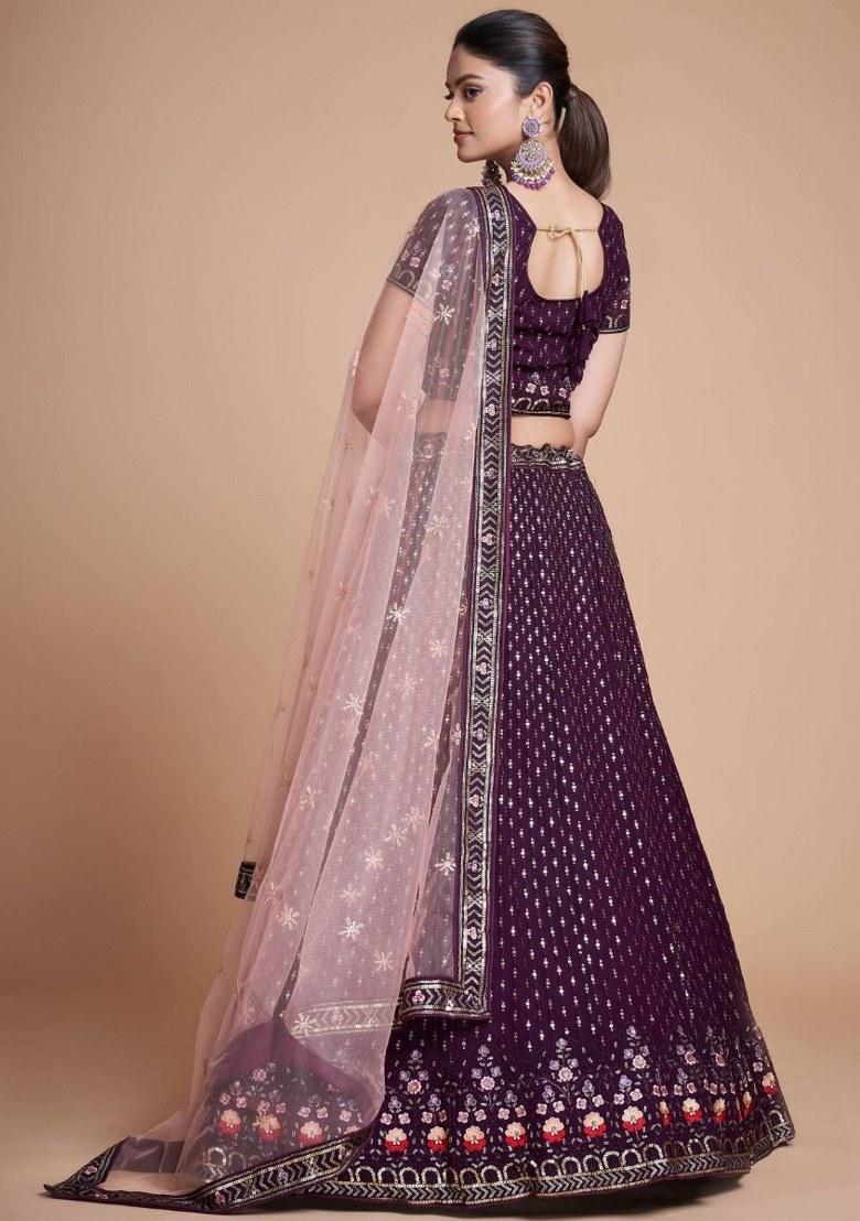 Wine Embroidered Georgette Lehenga Set With Dupatta