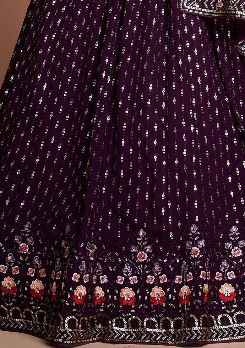 Wine With Dupatta Georgette Lehenga Set with Embroidered for Diwali | Wedding & Festive Wear - Indya