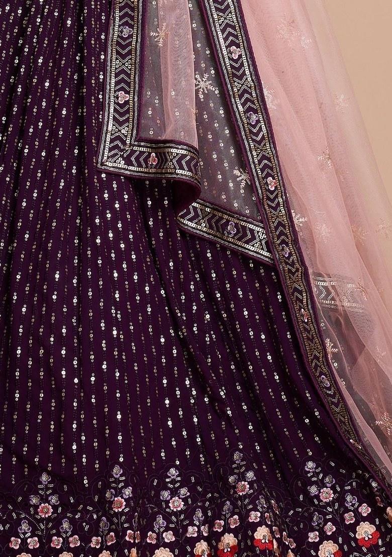 Wine Embroidered Georgette Lehenga Set With Dupatta