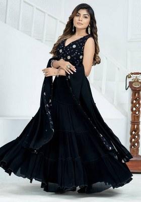 Black Embroidered Georgette Lehenga Set With Dupatta