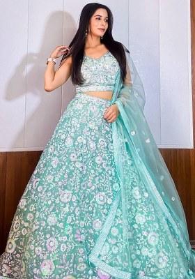 Blue Embroidered Net Lehenga Set With Dupatta