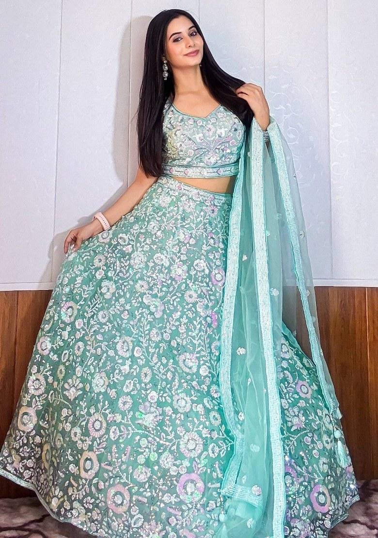Blue Embroidered Net Lehenga Set With Dupatta