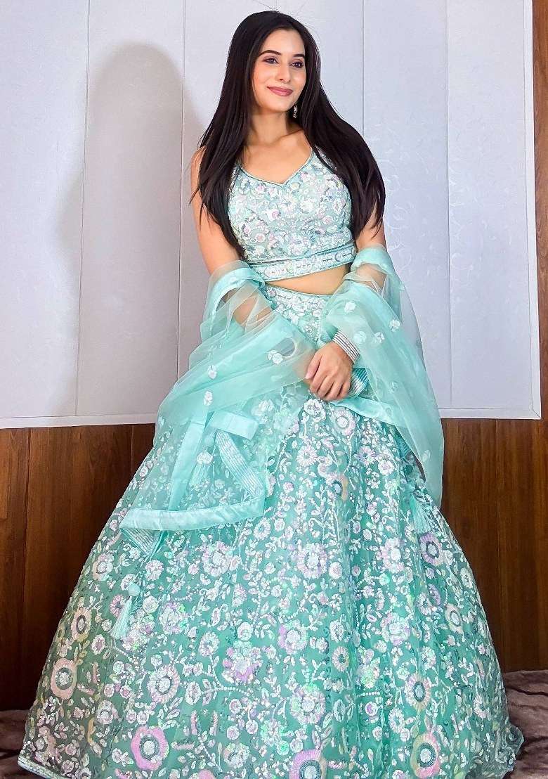 Blue Embroidered Net Lehenga Set With Dupatta for Diwali and Festive Wear - Indya