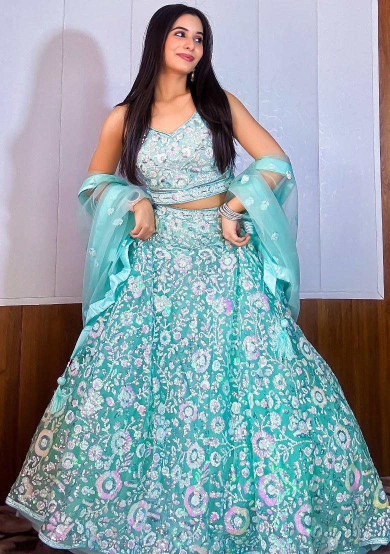 Blue Embroidered Net Lehenga Set With Dupatta