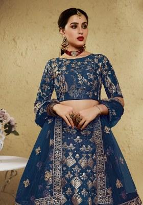 Blue Embroidered Silk Lehenga Set With Dupatta