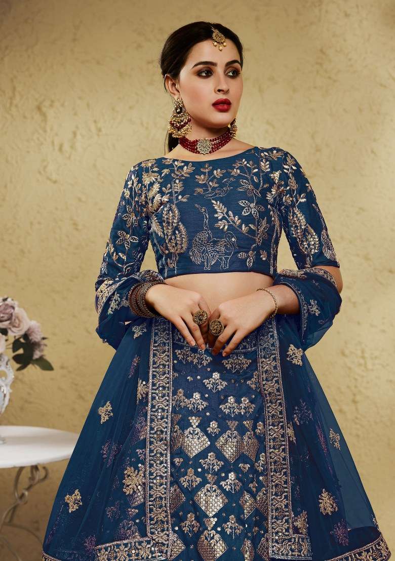 Blue With Dupatta Silk Blend Lehenga Set with Embroidered for Diwali | Wedding & Festive Wear - Indya