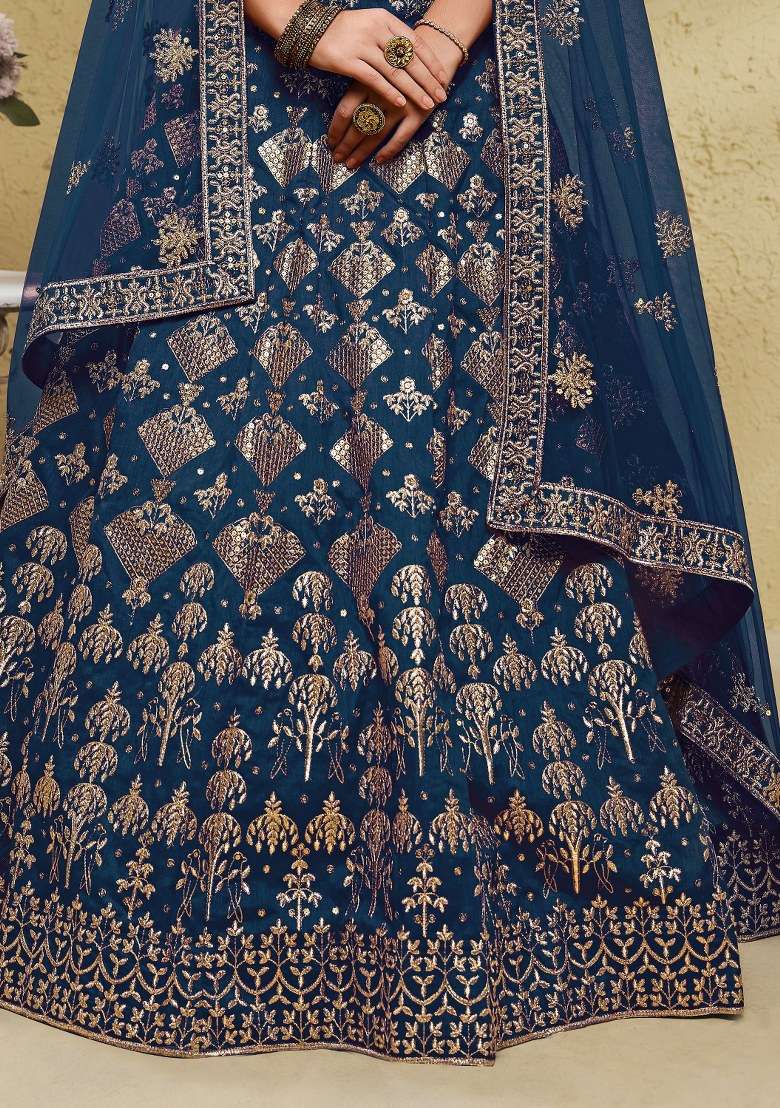 Blue With Dupatta Silk Blend Lehenga Set with Embroidered for Diwali | Wedding & Festive Wear - Indya