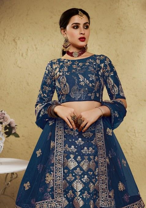 Blue Embroidered Silk Lehenga Set With Dupatta