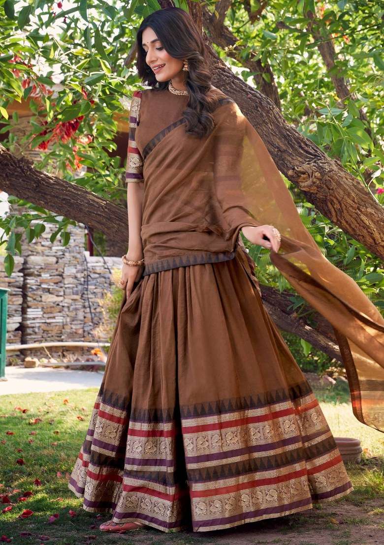 Brown Embroidered Chanderi Lehenga Set With Dupatta - Indya