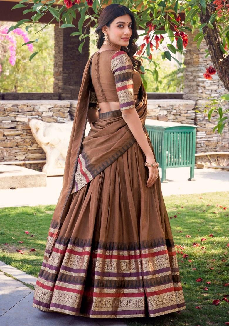 Brown Embroidered Chanderi Lehenga Set With Dupatta