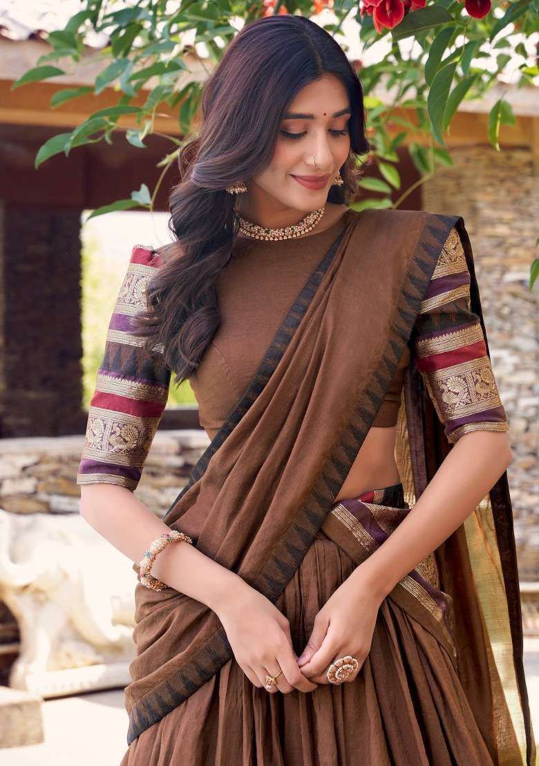 Brown Embroidered Chanderi Lehenga Set With Dupatta - Indya