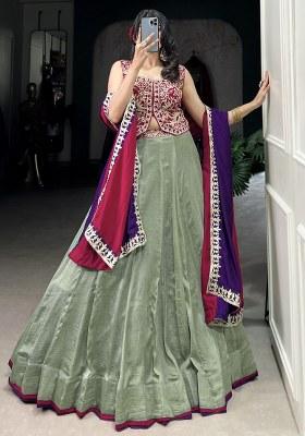 Green Embroidered Silk Lehenga Set With Dupatta