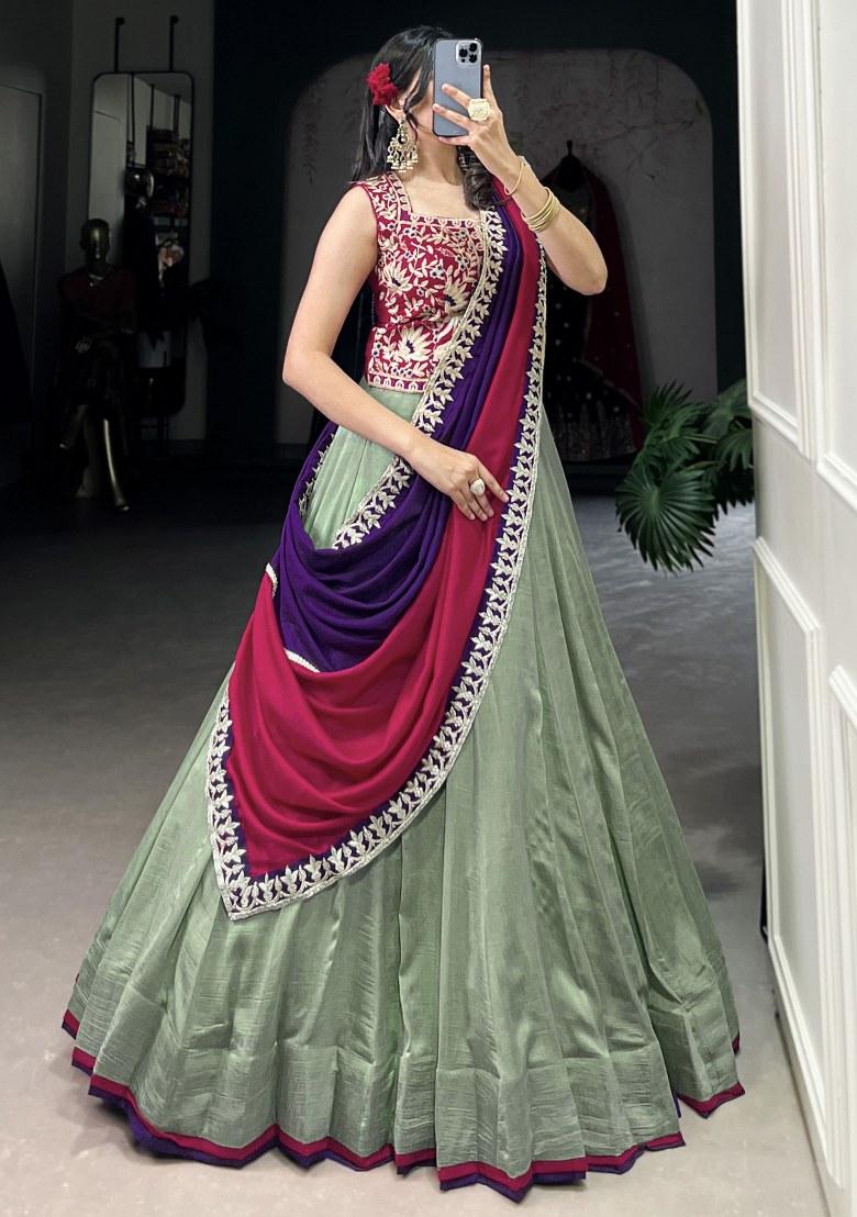 Green Embroidered Silk Lehenga Set With Dupatta