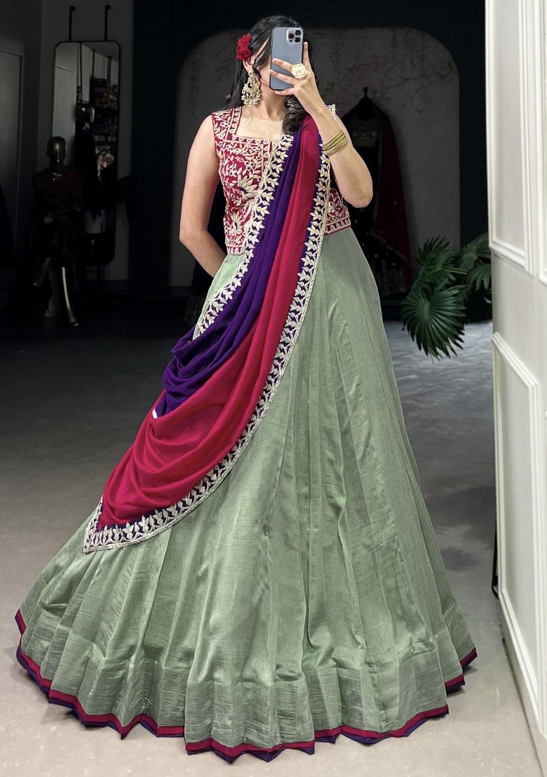 Green Embroidered Silk Lehenga Set With Dupatta
