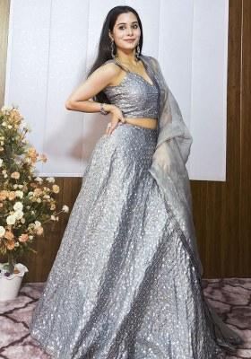 Grey Embroidered Silk Lehenga Set With Dupatta