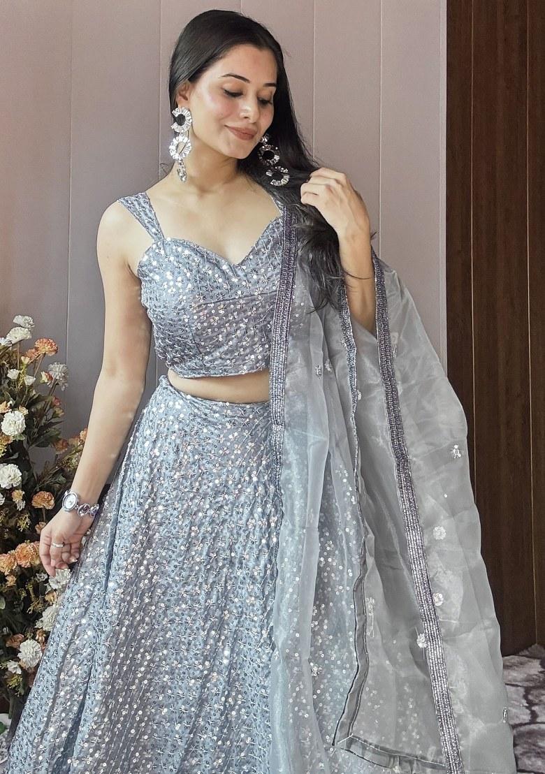 Grey Embroidered Silk Lehenga Set With Dupatta