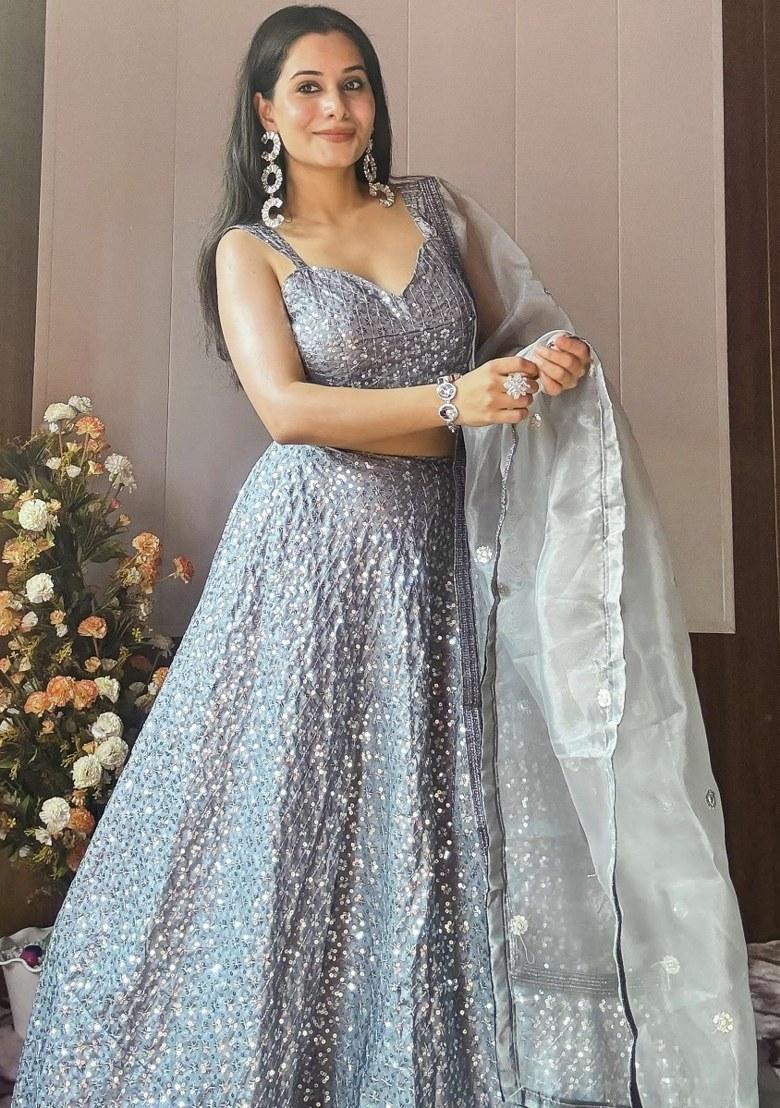 Grey Embroidered Silk Lehenga Set With Dupatta