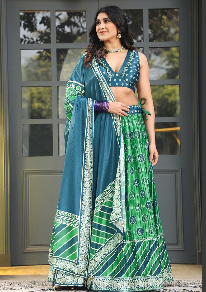 Teal Blue Digital Print Satin Silk Lehenga Set