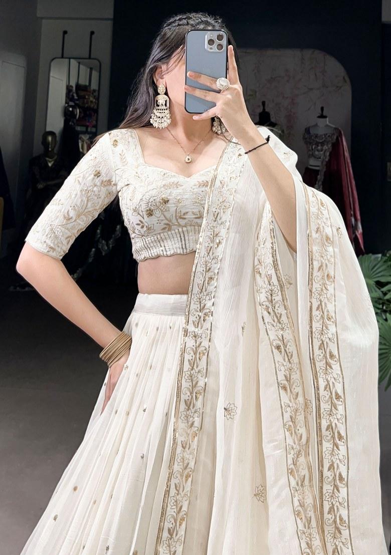Off White Embroidered Silk Lehenga Set With Dupatta