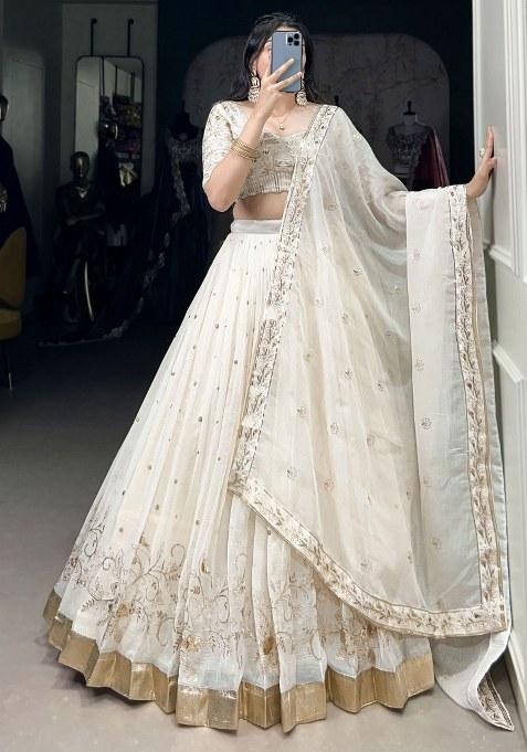 Off White Embroidered Silk Lehenga Set With Dupatta