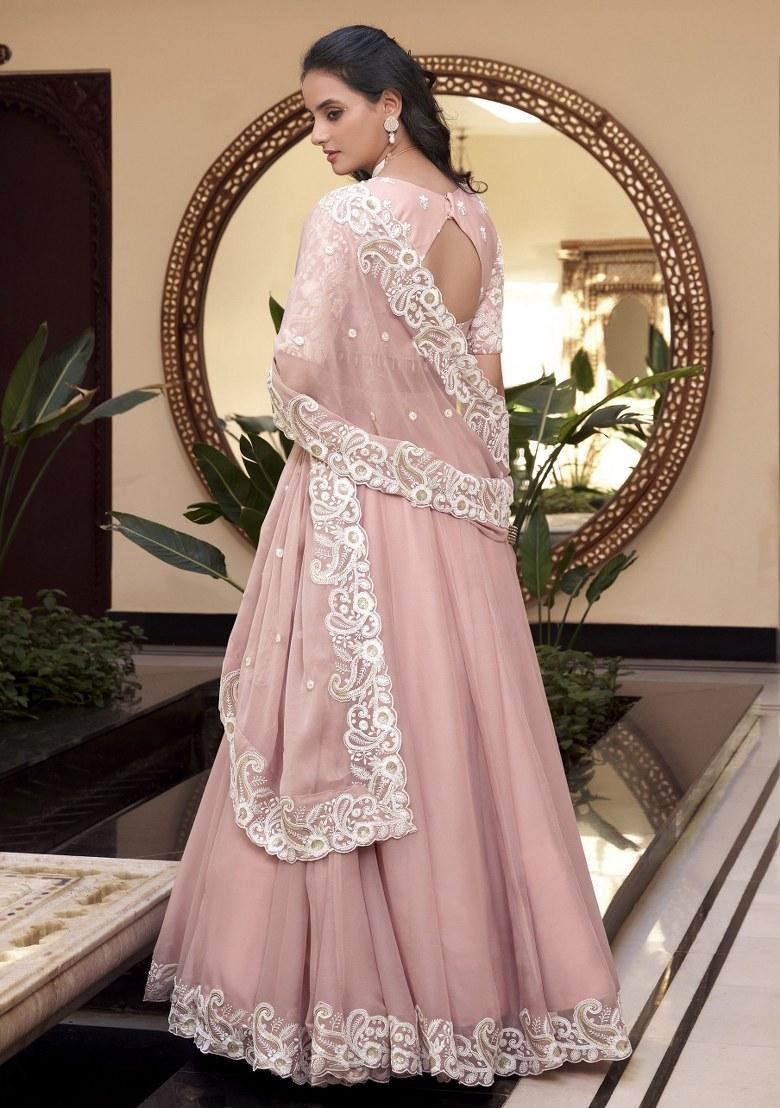 Pink Embroidered Silk Lehenga Set With Dupatta