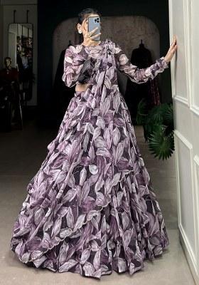 Purple Printed Silk Lehenga Set With Dupatta