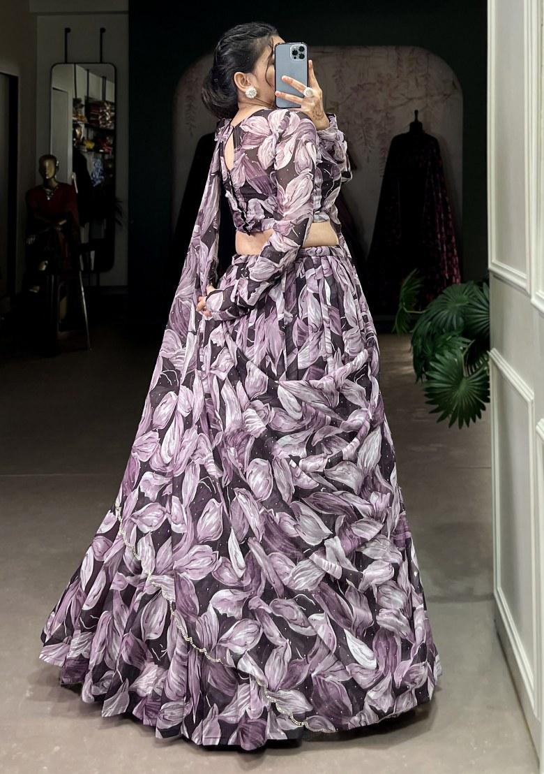 Purple Printed Silk Lehenga Set With Dupatta