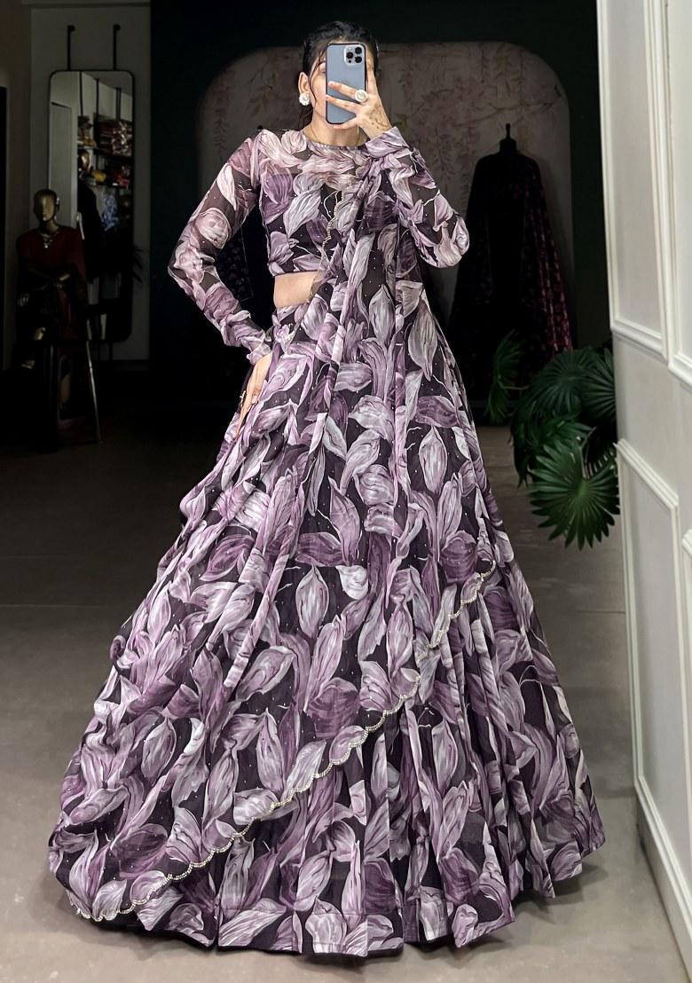Purple Printed Silk Lehenga Set With Dupatta