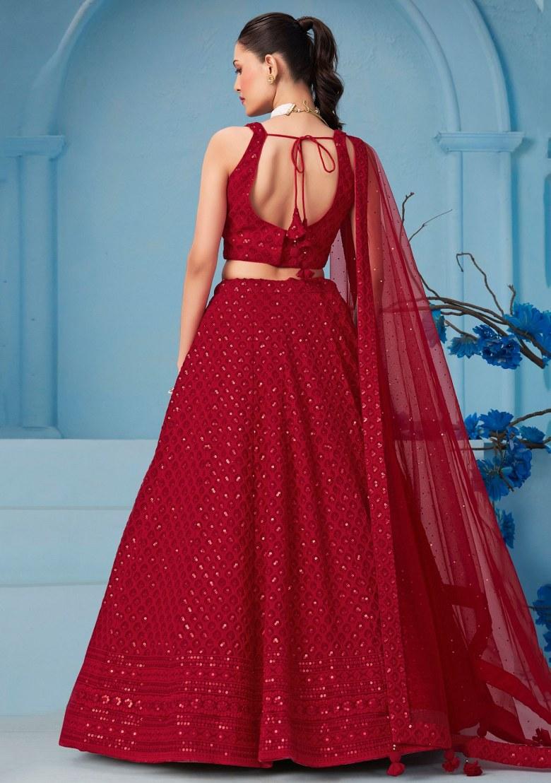 Red Embroidered Georgette Lehenga Set With Dupatta