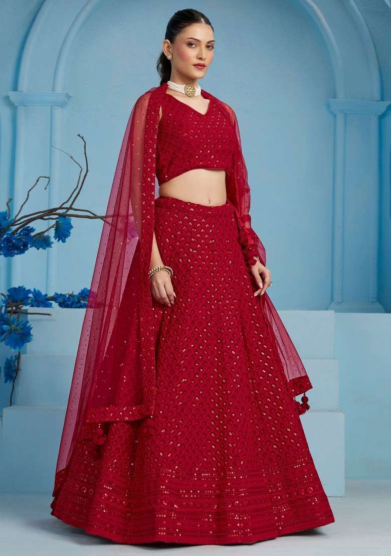Red With Dupatta Georgette Lehenga Set with Embroidered for Diwali | Wedding & Festive Wear - Indya
