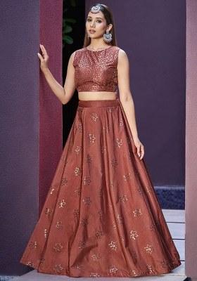 Orange Embroidered Art Silk Lehenga Set With Dupatta