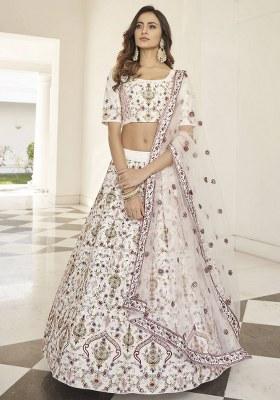 White Embroidered Silk Lehenga Set With Dupatta