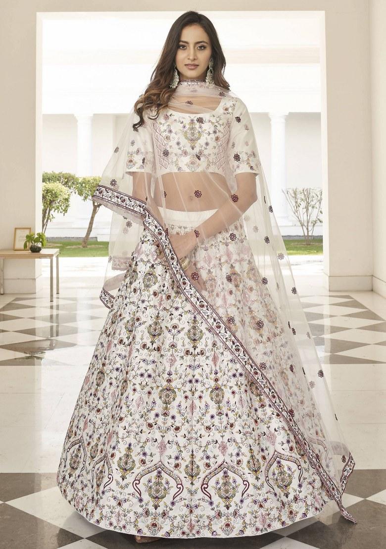 White Embroidered Silk Lehenga Set With Dupatta