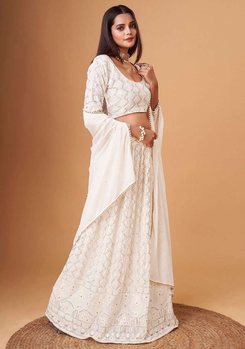 White With Dupatta Georgette Lehenga Set with Embroidered for Diwali | Wedding & Festive Wear - Indya