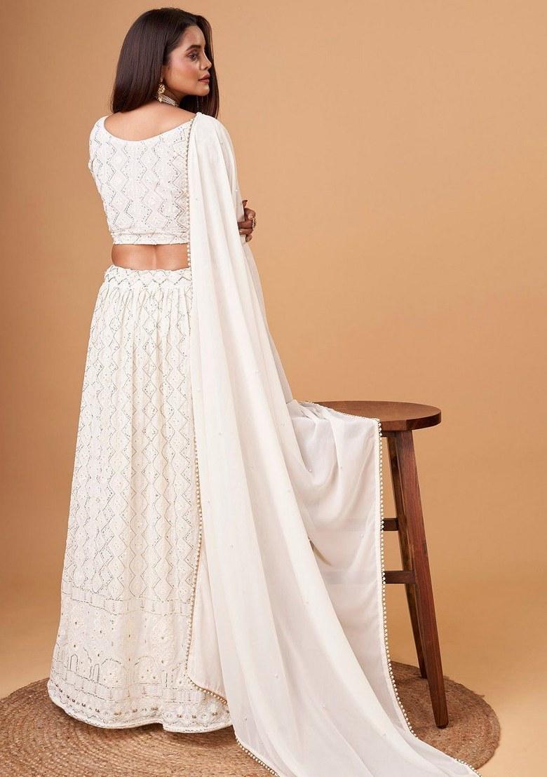 White Embroidered Georgette Lehenga Set With Dupatta