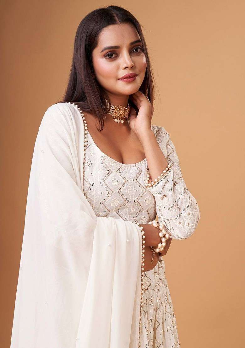White With Dupatta Georgette Lehenga Set with Embroidered for Diwali | Wedding & Festive Wear - Indya